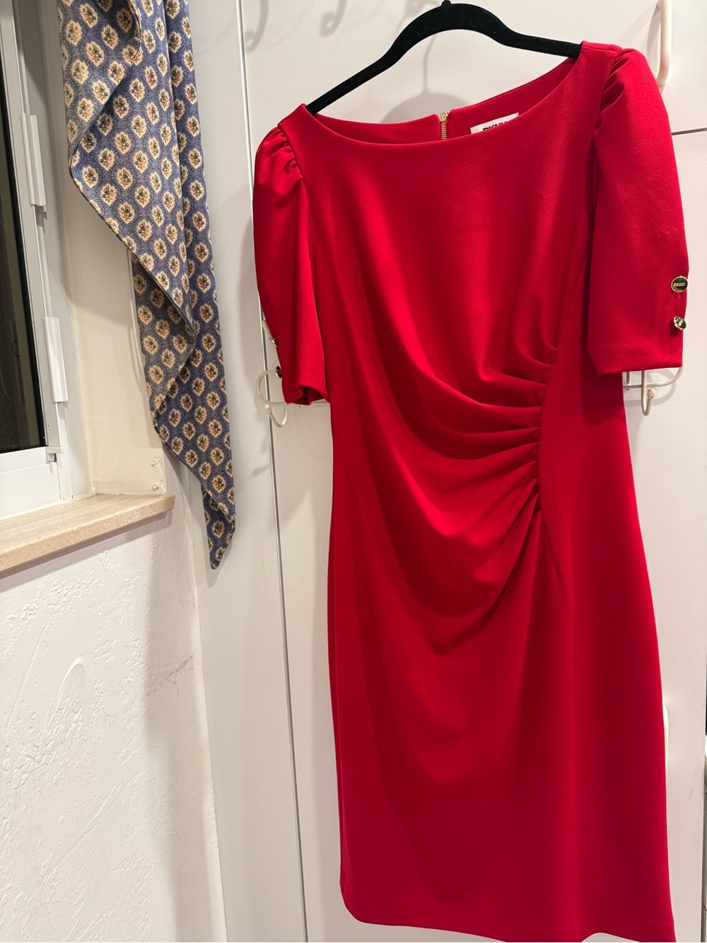 DKNY Red Draped Midi Dress with Button-Sleeve Detail